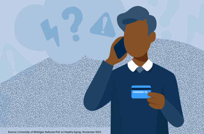 man holding credit card while on the phone with alert symbols in background