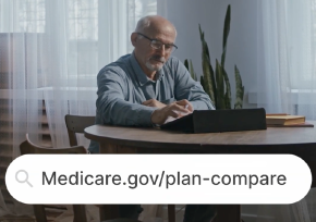 man on the computer with Medicare.gov/plan-compare URL