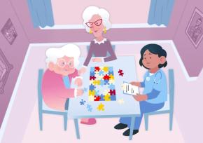 Senior women doing a puzzle with a younger caregiver