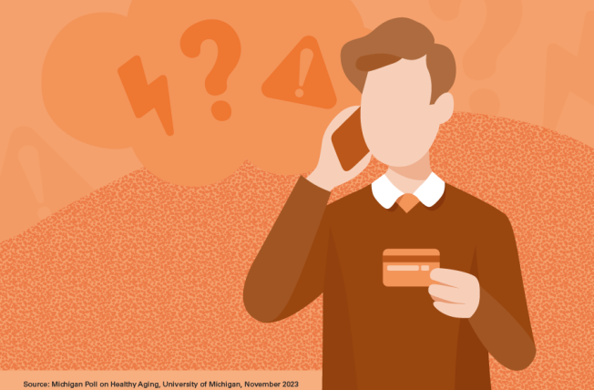 man holding credit card while on the phone with alert symbols in background
